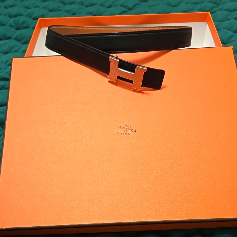 Hermès Black Leather Belt with Silver H Buckle